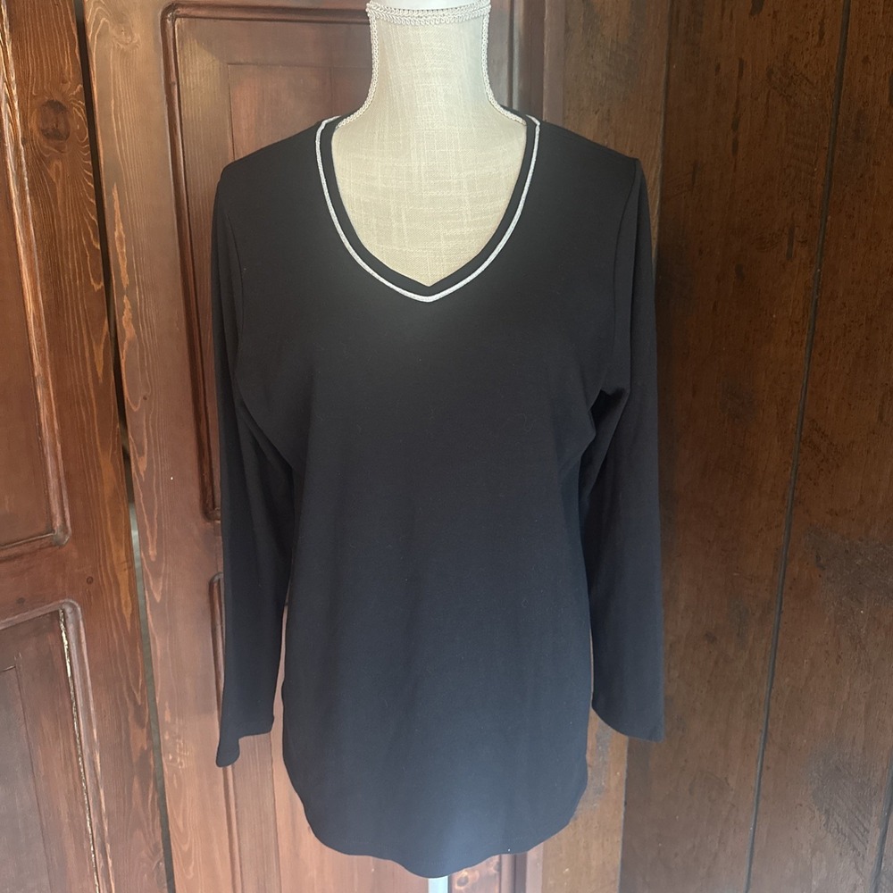 Womens D&Co Black V Neck‎ Long Sleeve Blouse Top Glitter Trim Large Petite